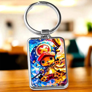 Porte-clés rectangulaire en métal argenté avec image de Chopper de One Piece.