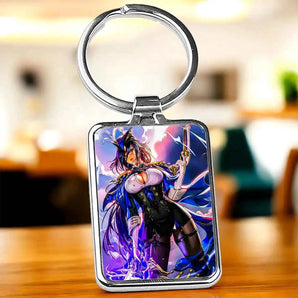 Porte-clés carré avec illustration d'une femme manga en tenue de style victorien bleu et noir.