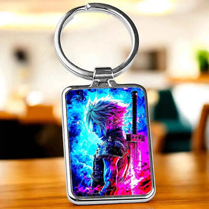 Porte-clés rectangulaire en métal avec illustration colorée d'un personnage de jeu vidéo à l'épée.