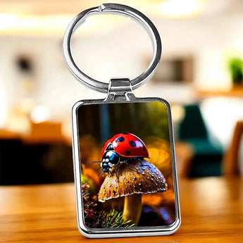 Porte-clés avec image d'une coccinelle sur un champignon.

