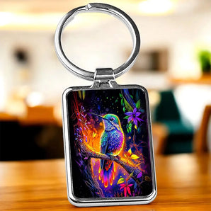 Porte-clés rectangulaire avec motif d'un colibri coloré sur une branche.