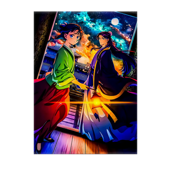 Tableau Carnet de l'Apothicaire par Les Bois d'Aurore avec deux personnages animés en kimono sous un ciel étoilé