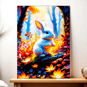 tableau lapin blanc vibrant dans une forêt colorée toile décorative lumineuse pour chambre enfant