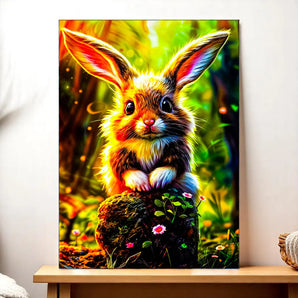 tableau lapin forêt coloré Les Bois dAurore peinture murale lapin mignon sur rocher moussu