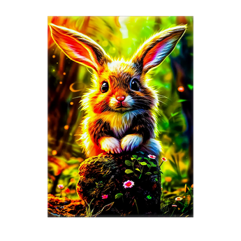 tableau lapin forêt Les Bois d Aurore peinture murale colorée d un lapin sur une souche fleurie et lumineuse