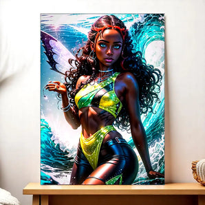 tableau Layla Winx peinture fee aux cheveux boucles en tenue verte et ailes devant vague oceanique