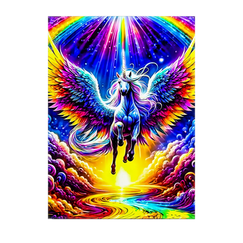 tableau licorne arc en ciel vibrant pégase ailé coloré sur ciel étoilé et nuages lumineux