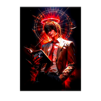 tableau Light Yagami peinture de Light tenant le Death Note avec halo lumineux et fond rouge