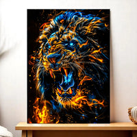 tableau lion feu Les Bois d Aurore peinture murale lion rugissant aux yeux bleus et flammes orange