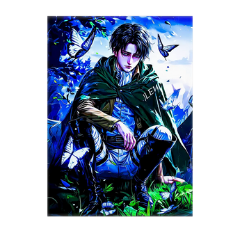 tableau manga Livai peinture murale personnage sombre en cape verte assis parmi papillons bleus