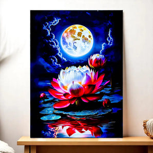 tableau lotus dessin main Les Bois d Aurore scene de nuit pleine lune nenuphars lumineux en reflet