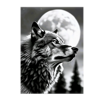 tableau loup monochrome Les Bois d'Aurore portrait de loup au regard perçant devant une lune pleine