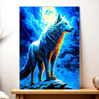 tableau loup dessin main Les Bois d Aurore représentant un loup debout sur un rocher au clair de lune bleu vibrant
