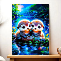tableau loutre dessiné à la main Les Bois d Aurore deux loutres sur une buche au bord du lac nocturne aux couleurs vives