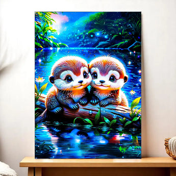 tableau loutre dessiné à la main Les Bois d Aurore deux loutres sur une buche au bord du lac nocturne aux couleurs vives
