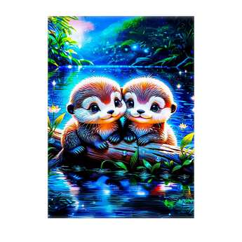tableau loutre dessiné à la main Les Bois d'Aurore deux loutres mignonnes sur une bûche au bord d'un étang nocturne coloré