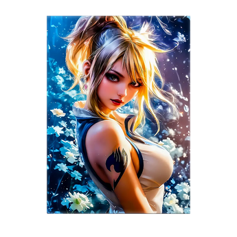 tableau Lucy Heartfilia portrait anime femme blonde regard intense tatouage guild fond floral bleu lumineux