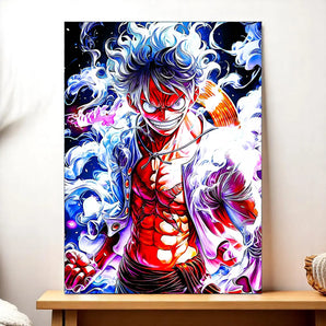 tableau Luffy Gear 5 Les Bois d Aurore illustration manga colorée pose dynamique nuages de fumée sur fond sombre