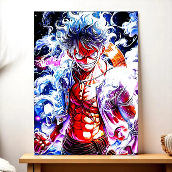 tableau Luffy Gear 5 Les Bois d Aurore illustration manga colorée pose dynamique nuages de fumée sur fond sombre