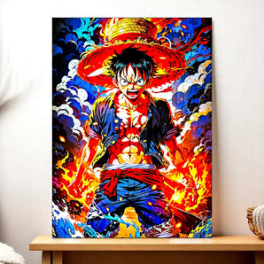 tableau Luffy manga sur toile Les Bois d Aurore Luffy en pose dynamique chapeau de paille feu et vagues colorées