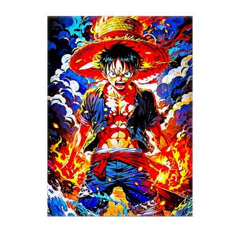 tableau Luffy manga vibrant et détaillé par Les Bois d Aurore montrant Luffy au chapeau de paille entouré de flammes et d eau