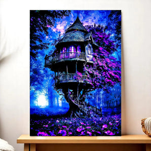 tableau maison de sorcière Les Bois d'Aurore cabane arbre nocturne violette et bleue avec lumières féeriques