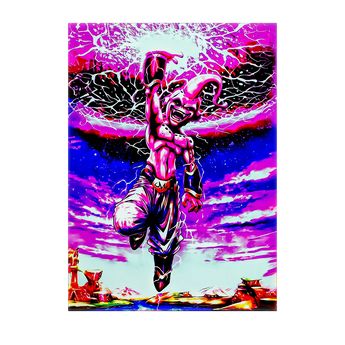 tableau Majin Boo vibrant en rose et violet montrant Majin Boo en plein vol avec une aura énergétique et un paysage dramatique