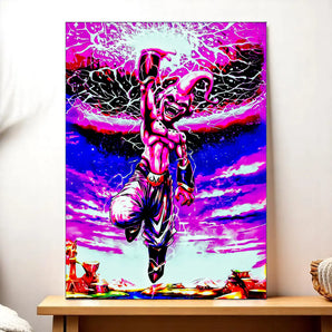 tableau Majin Boo coloré peinture sur toile montrant Boo en pose dynamique ciel rose et éclairs