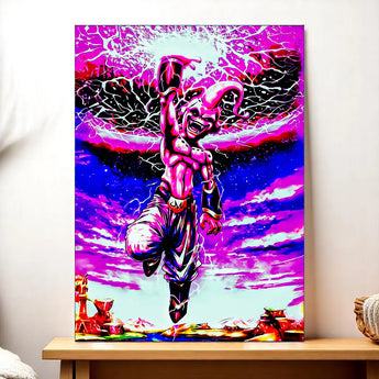 tableau Majin Boo coloré peinture sur toile montrant Boo en pose dynamique ciel rose et éclairs