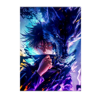 tableau manga Megumi grand format illustration personnage sombre avec loup spectral bleu violet et effets lumineux