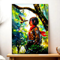 tableau Mikasa manga sur toile forestiere avec personnage en echarpe rouge regardant un oiseau