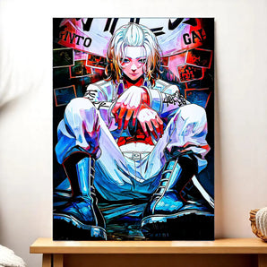 tableau manga Mikey par Les Bois d'Aurore, illustration colorée de personnage assis en bottes, déco murale