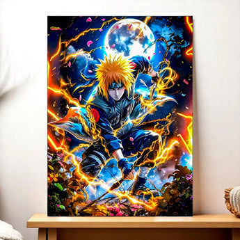 tableau Minato manga montrant Minato en pleine action sous la lune avec eclairs dorés et couleurs vives