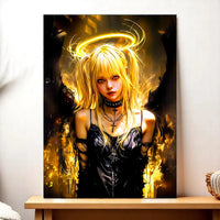 tableau Misa Amane manga par Les Bois d Aurore portrait animé femme blonde gothique auréole dorée et croix