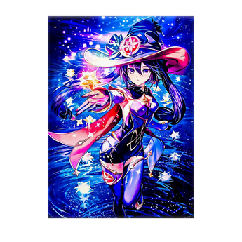 tableau manga sorcière Les Bois d Aurore montrant une magicienne animée en chapeau et cape dans un univers étoilé bleu et rose