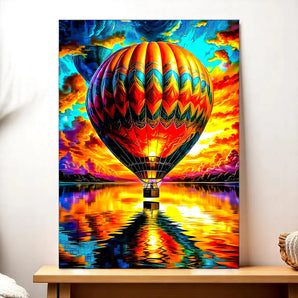 tableau montgolfière décoration murale Les Bois d Aurore peinture colorée ballon chaud reflet sur eau pour salon