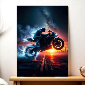 tableau moto noire décoration murale moto sportive en plein saut sur rails aux effets lumineux et coucher de soleil