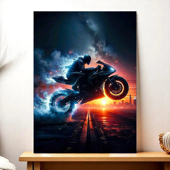 tableau moto noire décoration murale moto sportive en plein saut sur rails aux effets lumineux et coucher de soleil