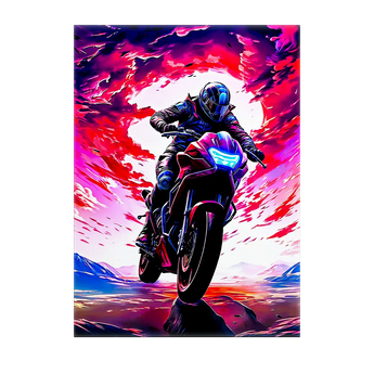 Tableau moto dessin original vibrant montrant un motard en pleine acceleration sur une route colorée