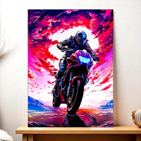 tableau moto dessin original montrant un pilote en combinaison sur une sportive néon devant un ciel rose et violet