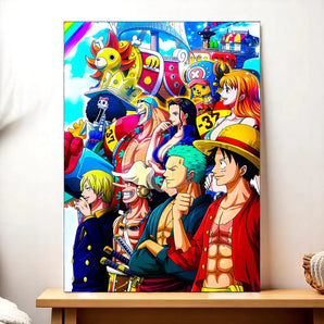 tableau mugiwara manga colore Les Bois d Aurore avec Luffy Zoro Nami Sanji Chopper et decors vifs et lumineux