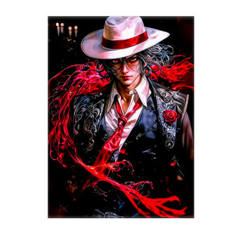 tableau Muzan Kibutsuji par Les Bois dAurore, portrait dramatique en chapeau blanc, veste brodée et volutes rouges