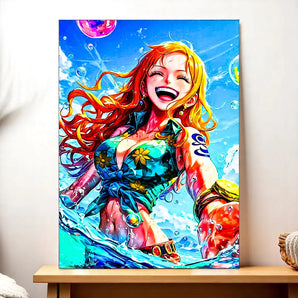 tableau Nami manga colore Les Bois d Aurore portrait de Nami souriante en maillot floral dans l eau