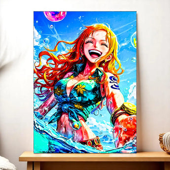 tableau Nami manga colore Les Bois d Aurore portrait de Nami souriante en maillot floral dans l eau