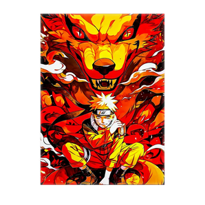 tableau Naruto enfant peinture murale vibrante montrant Naruto en pose devant Kurama en rouge et orange