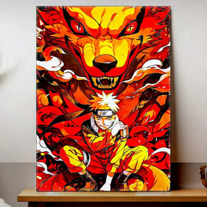 tableau Naruto enfant vibrant montrant Naruto en tenue orange accroupi devant le renard Kurama rouge et jaune