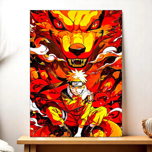 tableau Naruto enfant vibrant montrant Naruto en tenue orange accroupi devant le renard Kurama rouge et jaune