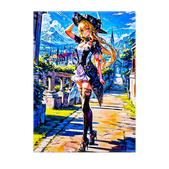 tableau manga sorcière magicienne blonde en chapeau noir sur rue pavée colorée avec village et montagnes