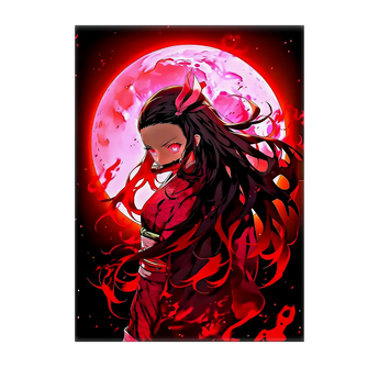 tableau Nezuko dessin manga par Les Bois d Aurore peinture aux tons rouges et noirs pleine lune
