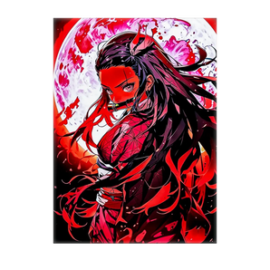 tableau Nezuko dessin manga par Les Bois d Aurore peinture aux tons rouges et noirs pleine lune